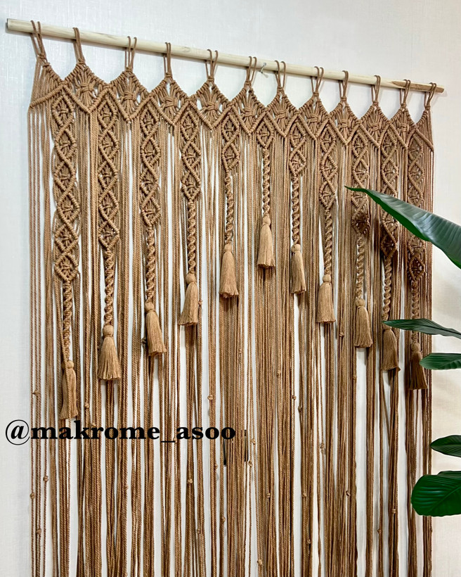 پرده مکرومه طرح لوزی رنگ نسکافه ای ابعاد قابل تغییر کد سفارش۴۵19